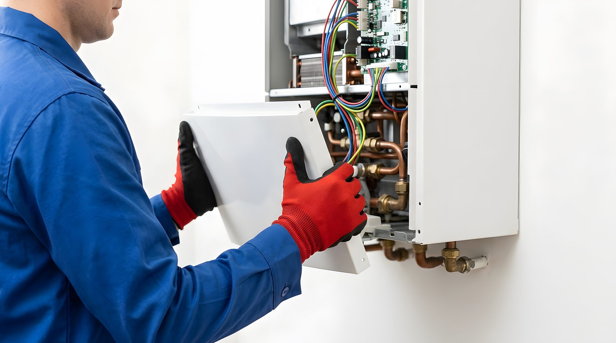 Gas Safe registered engineer from JJK Gas Services removing the cover from a natural gas combi boiler during an installation in Wigan